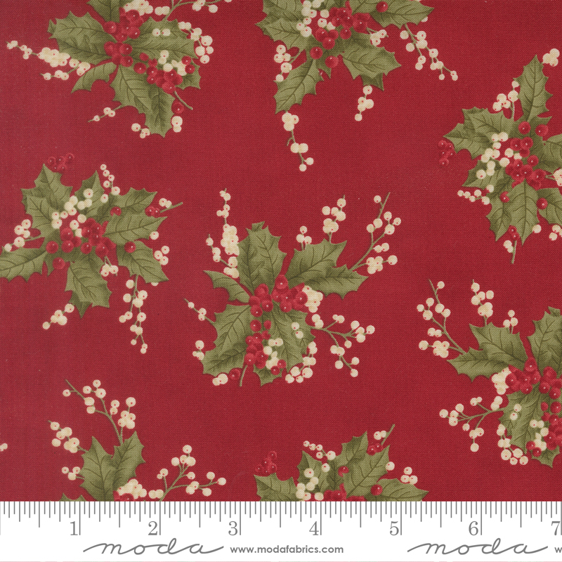 Candlelight Christmas Holly Clusters on Crimson by 3 Sisters from Moda Fabrics