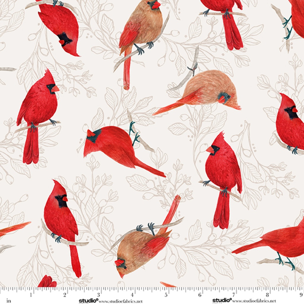 Unexpected Red Cardinals Cream by Rebecca Canale from Studio E Fabrics