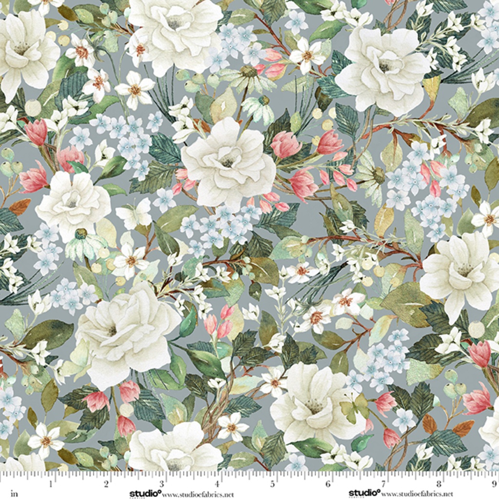 Unexpected Red Flowers Slate/Sage by Rebecca Canale from Studio E Fabrics