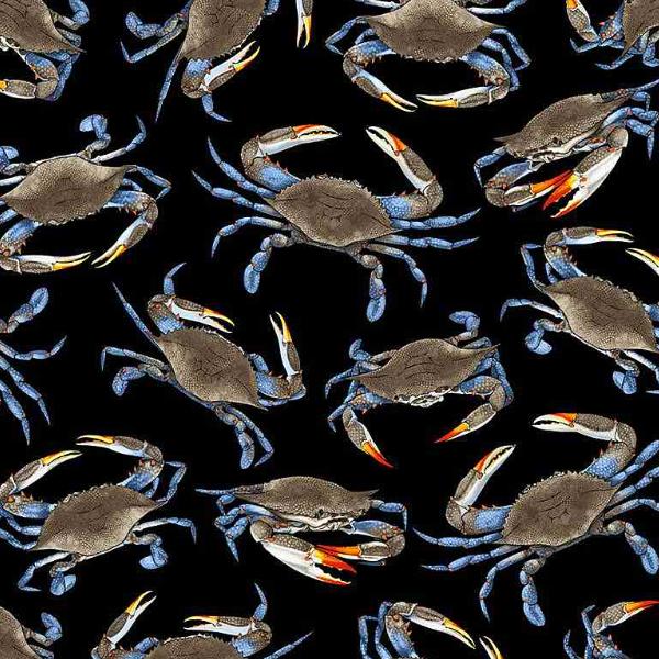 Coastal Living Blue Crabs Black by George McCartney for Timeless Treasures