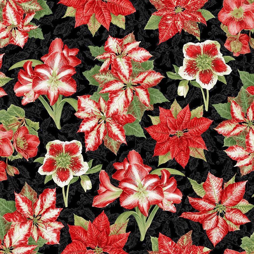 Holiday Botanical Amarylis & Poinsettias Black from Henry Glass