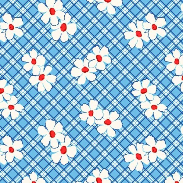 Beach Baby Diagonal Plaid/Floral Blue By Retro Vintage For P&B Textiles