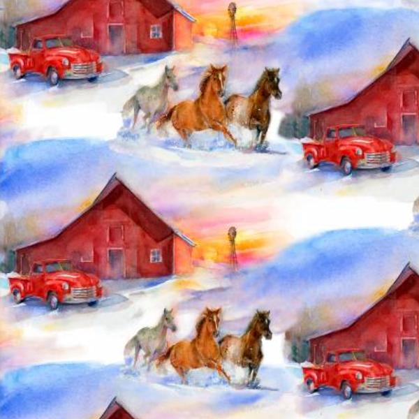 Snowfall On The Range Barn Multi By John Keeling For 3 Wishes Fabric