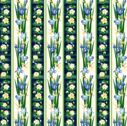 Water Lily Magic Border Stripe Indigo By Jan Mott  From Henry Glass