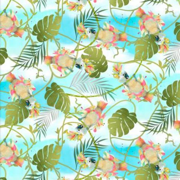 Tropicolor Birds Cockatoo Blue By Connie Haley For 3 Wishes Fabric