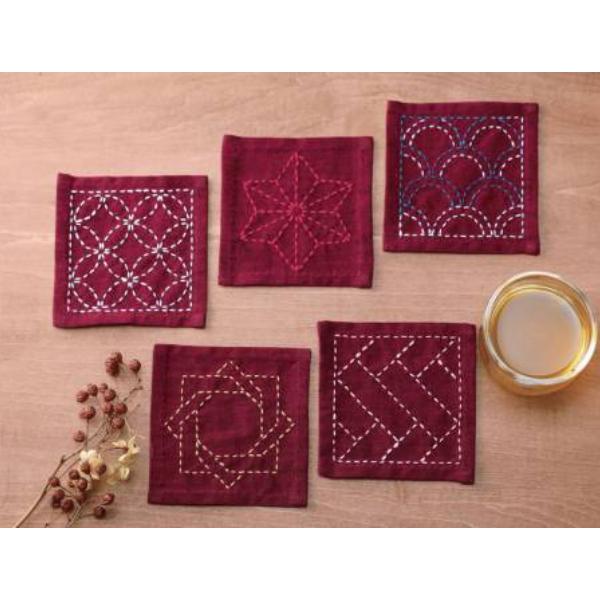 Sashiko Tsumugi Sampler Coasters Deep Red From Emmacreation