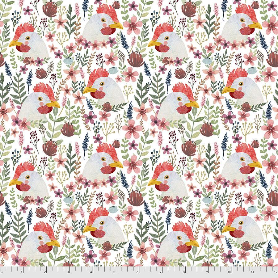 Farm Friends Floral Chicken White By Mia Charro For Free Spirit