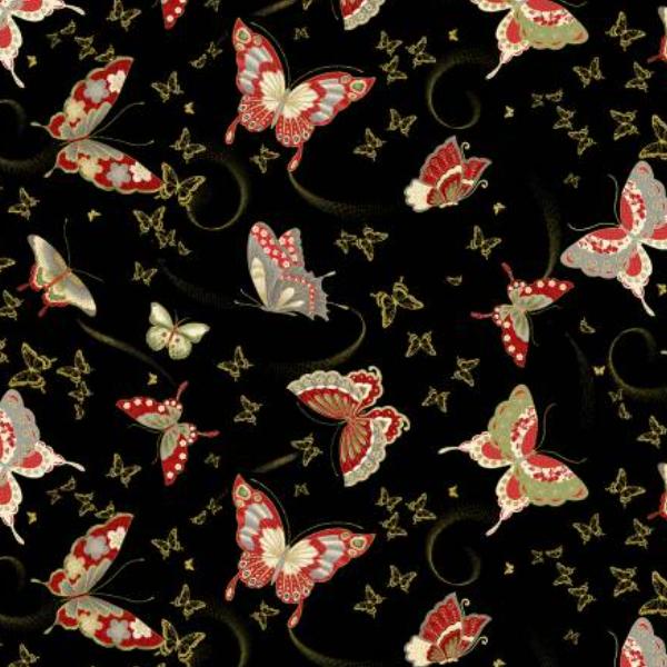 Kyoto Garden Asian Butterflies Metallic Black By Chong-A Hwang For Timeless Treasures