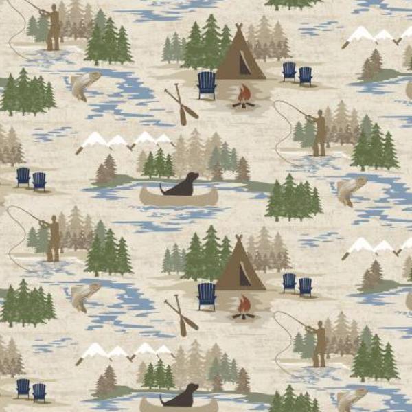 On Lake Time Toile Light Khaki by Dan DiPaolo for Clothworks