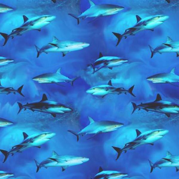 Swimming Sharks Blue By Michael Searle For Timeless Treasures