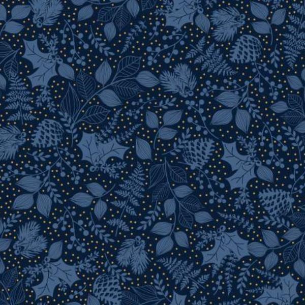 Christmas Shimmer Leafy Blender Navy W Gold Metallic By Jennifer Ellory For P & B Textiles