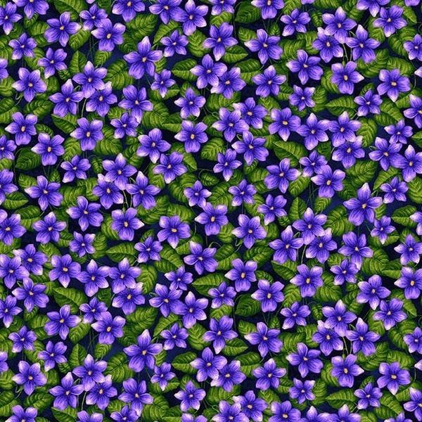 Nature'S Affair Indigo Violets Allover By Jan Mott For Henry Glass Fabrics 