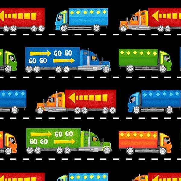 Go-Go Trucks on Road by Kate Mawdsley for Henry Glass Fabrics 