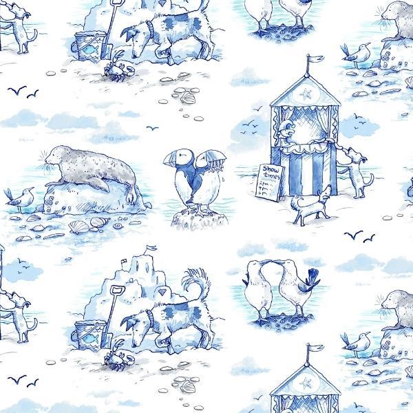 Sandy Toes Scenic Toile Blue By Anita Jeram Fro Clothworks