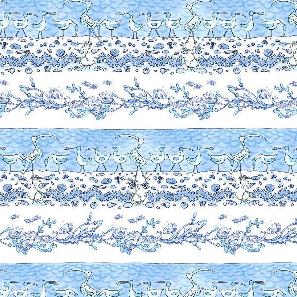 Sandy Toes Pictorial Stripe Blue By Anita Jeram For Clothworks 