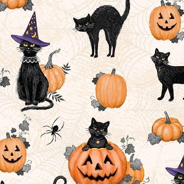 Meow-Gical Night Cats & Pumpkins All Over Cream by Michael Davis for Wilmington Prints