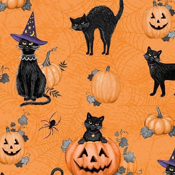 Meow-Gical Night Cats & Pumpkins All Over Orange by Michael Davis for Wilmington Prints