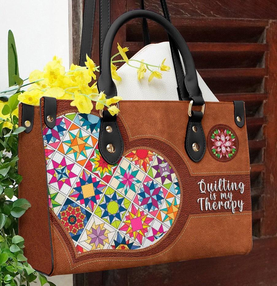 Traditional Quilt Blocks, Quilting Is My Therapy Bag With Black Handle