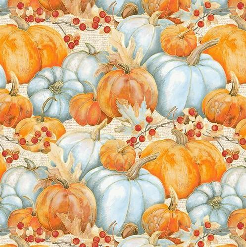 Pumpkin Kisses Packed Pumpkins Blue/Orange By Grace Violet For Henry Glass Fabrics 