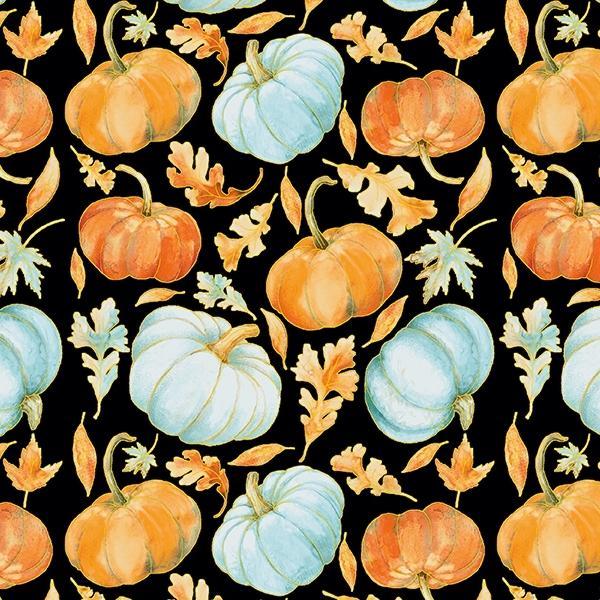 Pumpkin Kisses Pumpkin & Leaves Black By Grace Violet For Henry Glass Fabrics