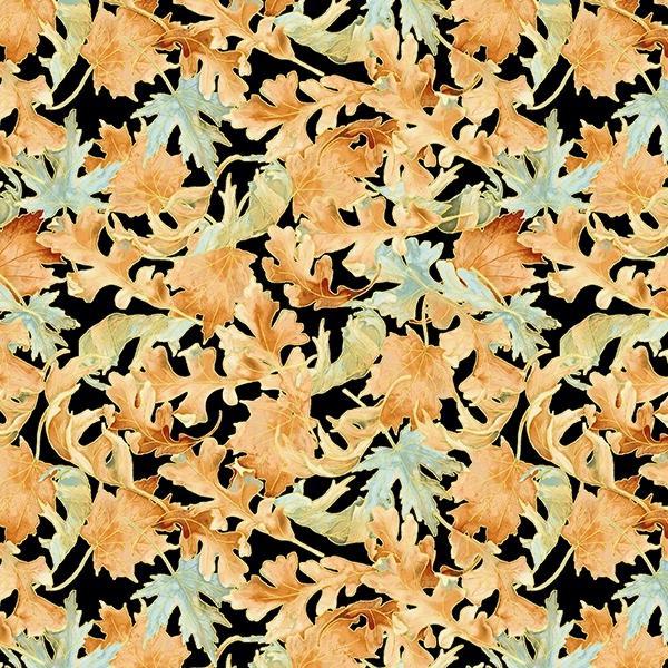 Pumpkin Kisses Packed Leaves Black By Grace Violet For Henry Glass Fabrics 