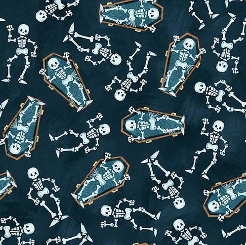 Welcome Foolish Mortals Dancing Skeletons Glow By Shelly Comiskey For Henry Glass Fabrics