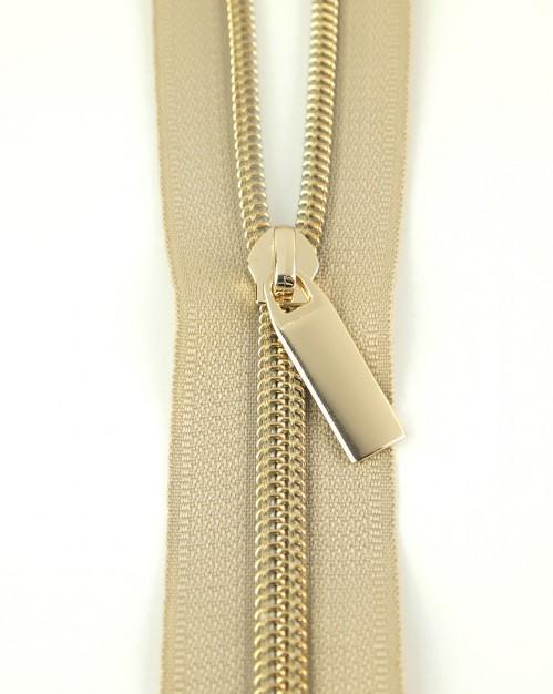 Beige Nylon Coil Zipper with Gold Pulls, Size 5, from Sallie Tomato