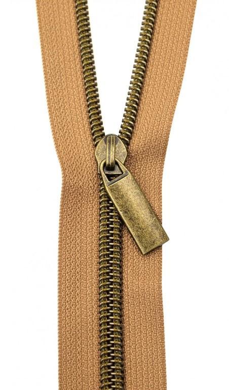 Natural Nylon Coil Zipper With Antique Brass Pulls, Size 5, From Sallie Tomato