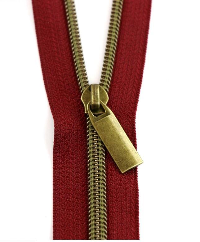 Burgundy Nylon Coil Zipper With Antique Brass Pulls, Size 5, From Sallie Tomato