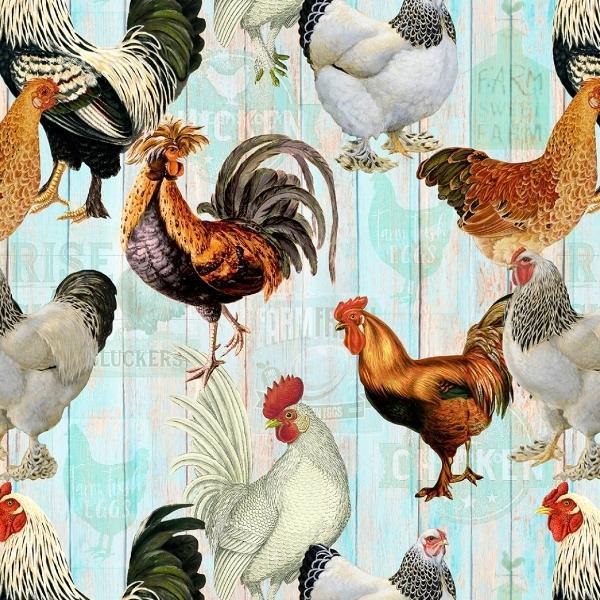 Spring Chicken Chickens On Faded Fence From Timeless Treasures