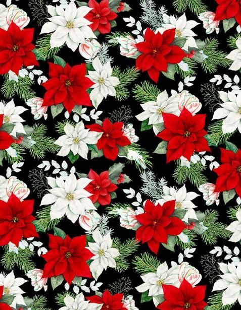 Cardinal Cozy Seasonal Floral Black By Nancy Mink For Wilmington Prints