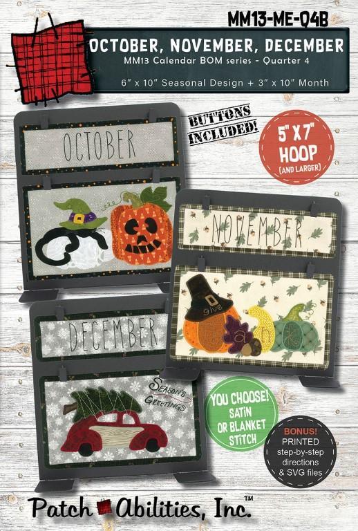 Patchabilities Calendar Series Quarter 4 Machine Embroidery Pattern With Buttons