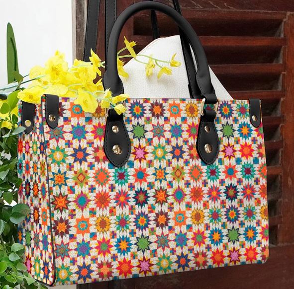Star Quilt Blocks Bag with Black Handles