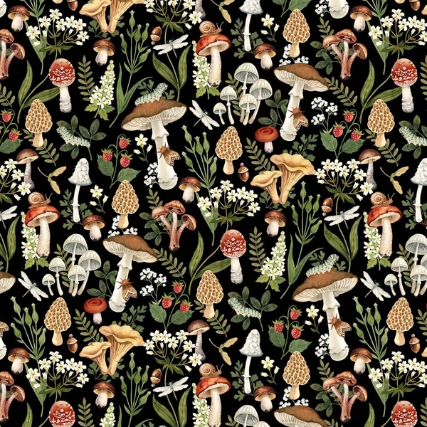 Wild Harvest Mushrooms Black by Deborah Edwards for Northcott Fabrics