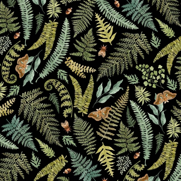 Wild Harvest Large Ferns Black by Deborah Edwards for Northcott Fabrics