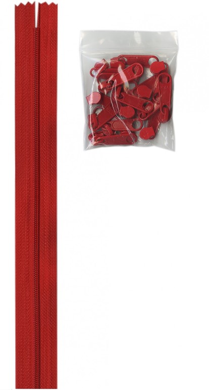 Four Yards of 16mm #4.5 Zipper Chain with Extra-Large Coordinated Atom Red Zipper Pulls