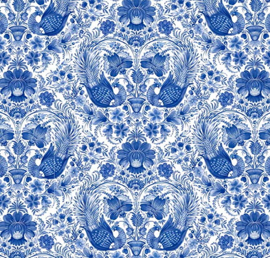 Porcelaina Symmetrical Birds Blue 108" Wideback by Geetanjali Behera for P&B Textiles