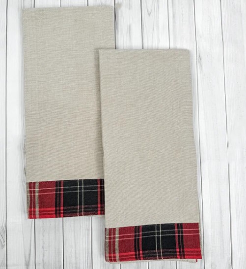 Oatmeal with Red/Black Farmhouse Plaid Trim Towel