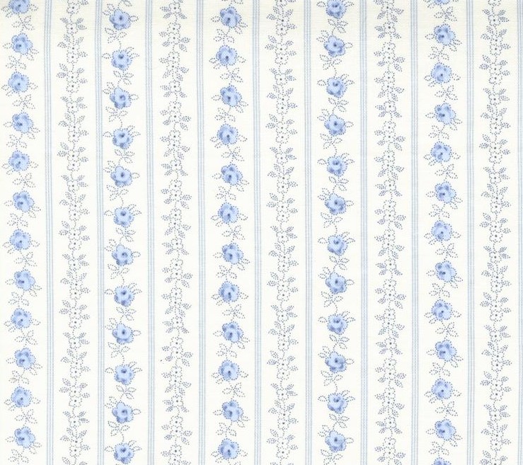 Hollyhocks and Roses Floral Stripe Jasmine Sky by Bunny Hill Designs for Moda Fabrics