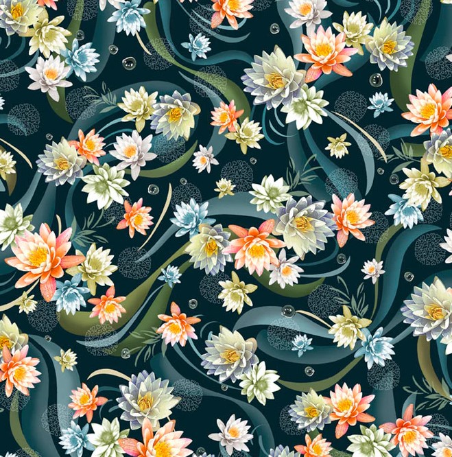 Koi Pond Lilies Dark Blue by Clint Eagar for P&B Textiles