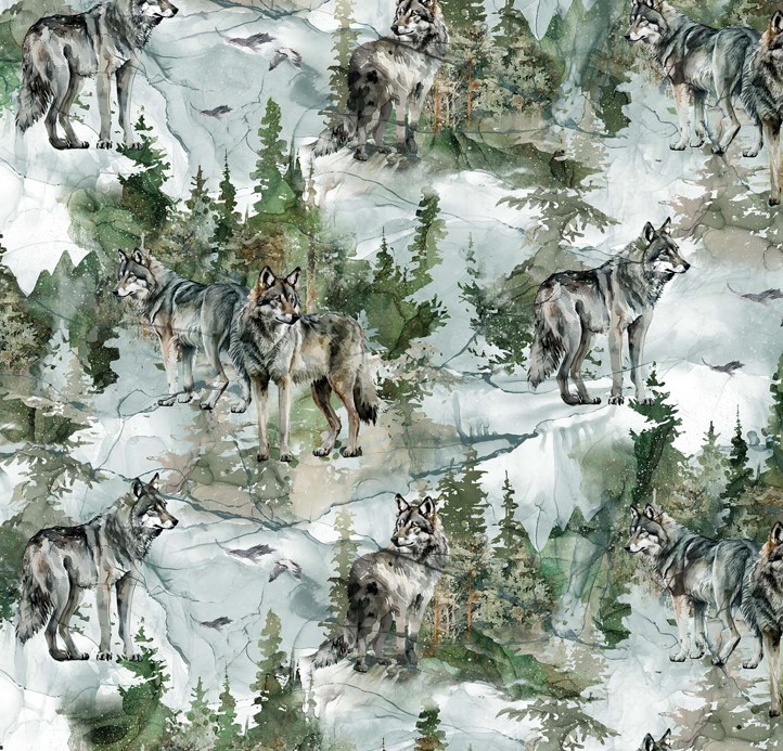 Lone Wolf Wolf Scenic Teal by Deborah Edwards and Melanie Samra for Northcott Fabrics
