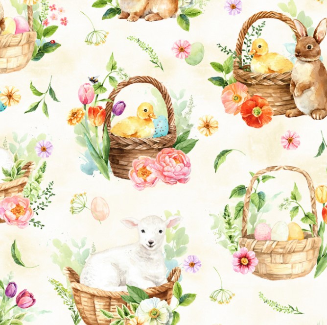 Easter Wonder Animals In Baskets Vanilla from Hoffman Fabrics