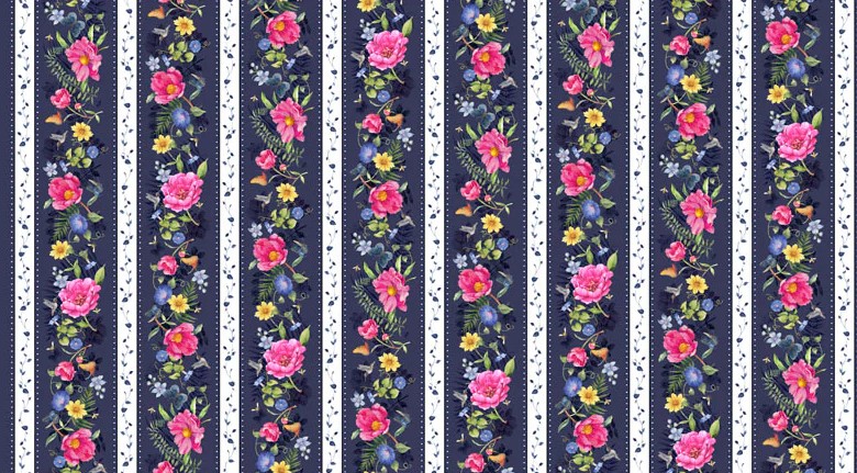 Indigo Song Floral Border Blue by Lynam Clough for P&B Textiles