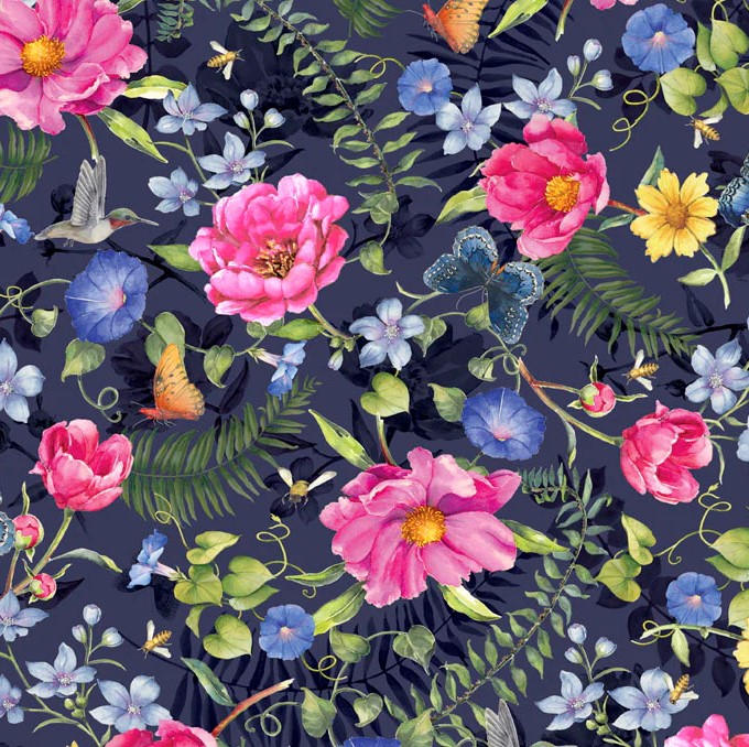 Indigo Song Flower Garden Navy by Lynam Clough for P&B Textiles