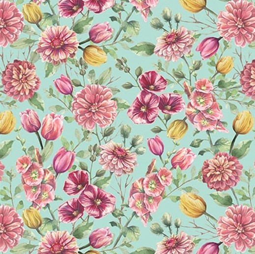 Easter Wishes Spring Flowers Turquoise by Silas M. Studio for Blank Quilting