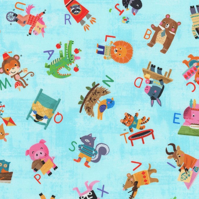 Fun-2-3 Tossed Animals Aqua by Louise Anglicas for Robert Kaufman Fabrics