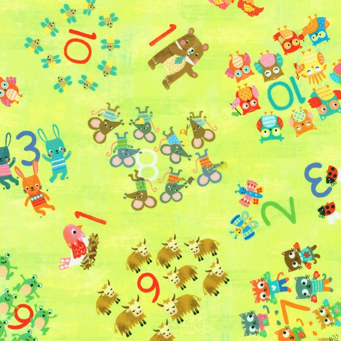 Fun-2-3 Tossed Numbers and Animals Lime by Louise Anglicas for Robert Kaufman Fabrics
