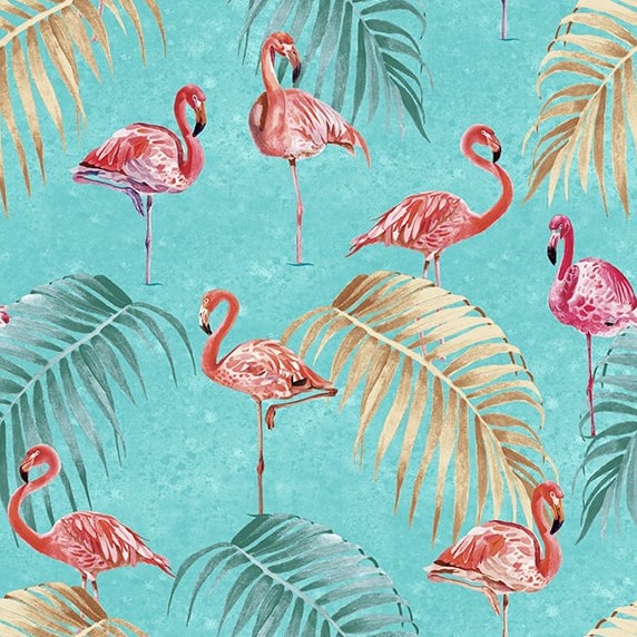 Flock Star Flamingo with Leaves Aqua by Lucca Sheppard for Blank Quilting