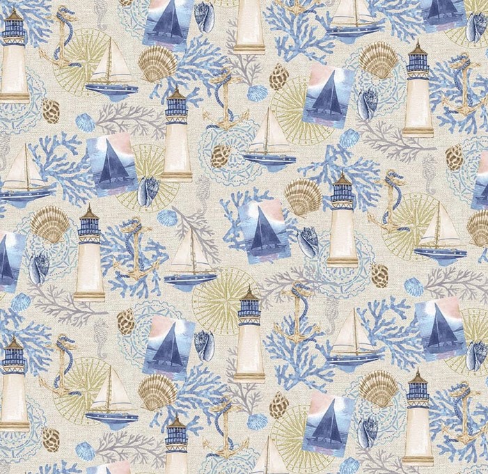 Cobalt Seas Coastal Collage Beige by Andrea Tachiera for Henry Glass