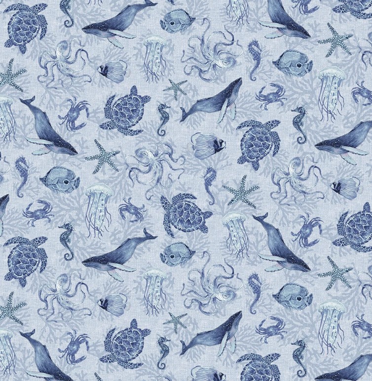 Cobalt Seas Sea Life Light Blue by Andrea Tachiera for Henry Glass